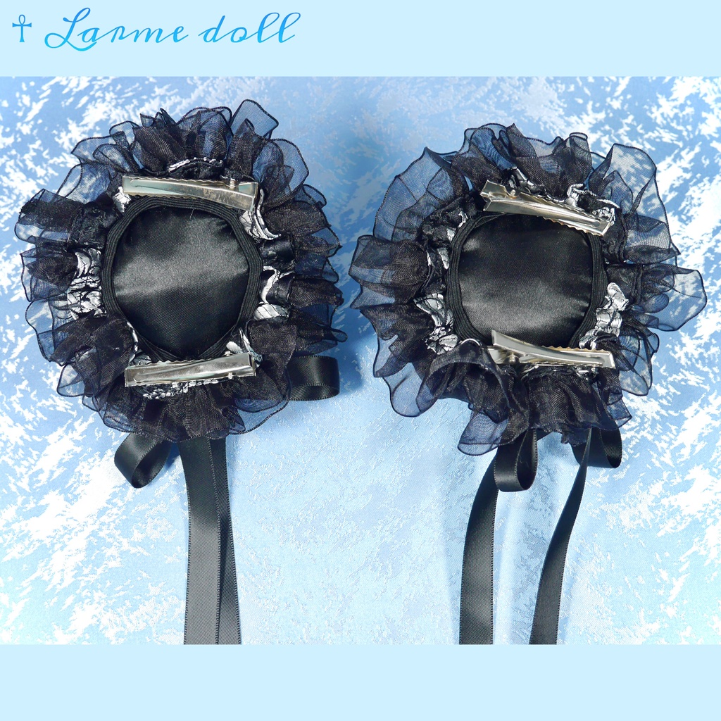 【受注生産】《☥》ゆめかわチャイナお団子カバー(オーガンジーレース黒)取り外し可能綿クッション+ヘアクリップ付き (本体カバーカラー▷黒×シルバー)