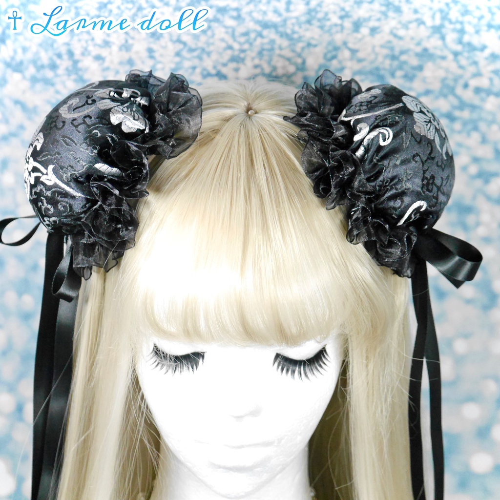 【受注生産】《☥》ゆめかわチャイナお団子カバー(オーガンジーレース黒)取り外し可能綿クッション+ヘアクリップ付き (本体カバーカラー▷黒×シルバー)