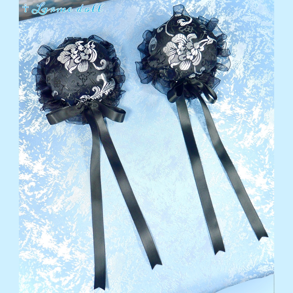 【受注生産】《☥》ゆめかわチャイナお団子カバー(オーガンジーレース黒)取り外し可能綿クッション+ヘアクリップ付き (本体カバーカラー▷黒×シルバー)