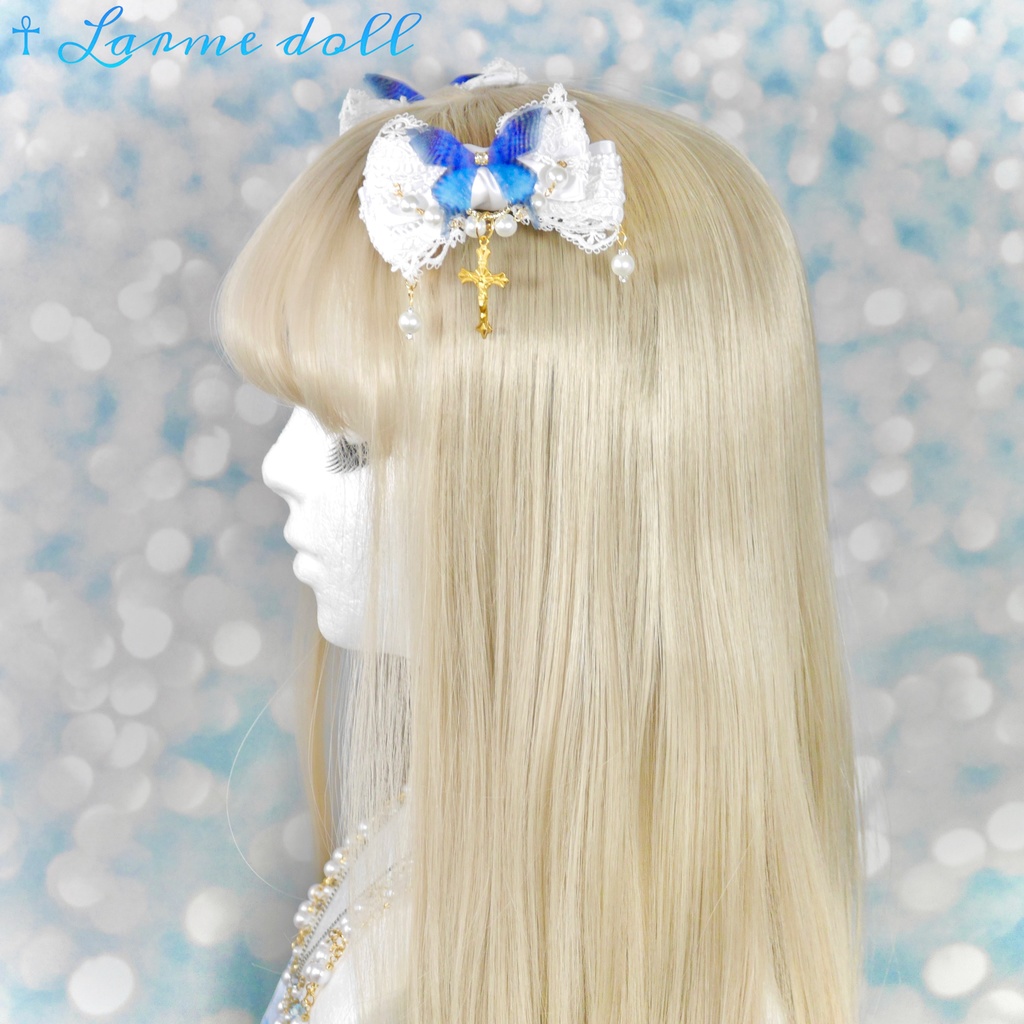 【受注生産】《☥》ロリィタリボンヘアクリップ ガラス製パールビーズタイプ (白)
