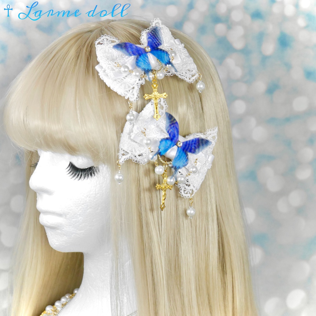 【受注生産】《☥》ロリィタリボンヘアクリップ ガラス製パールビーズタイプ (白)