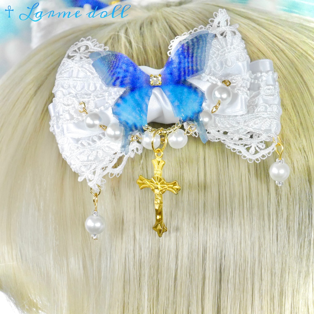 【受注生産】《☥》ロリィタリボンヘアクリップ ガラス製パールビーズタイプ (白)
