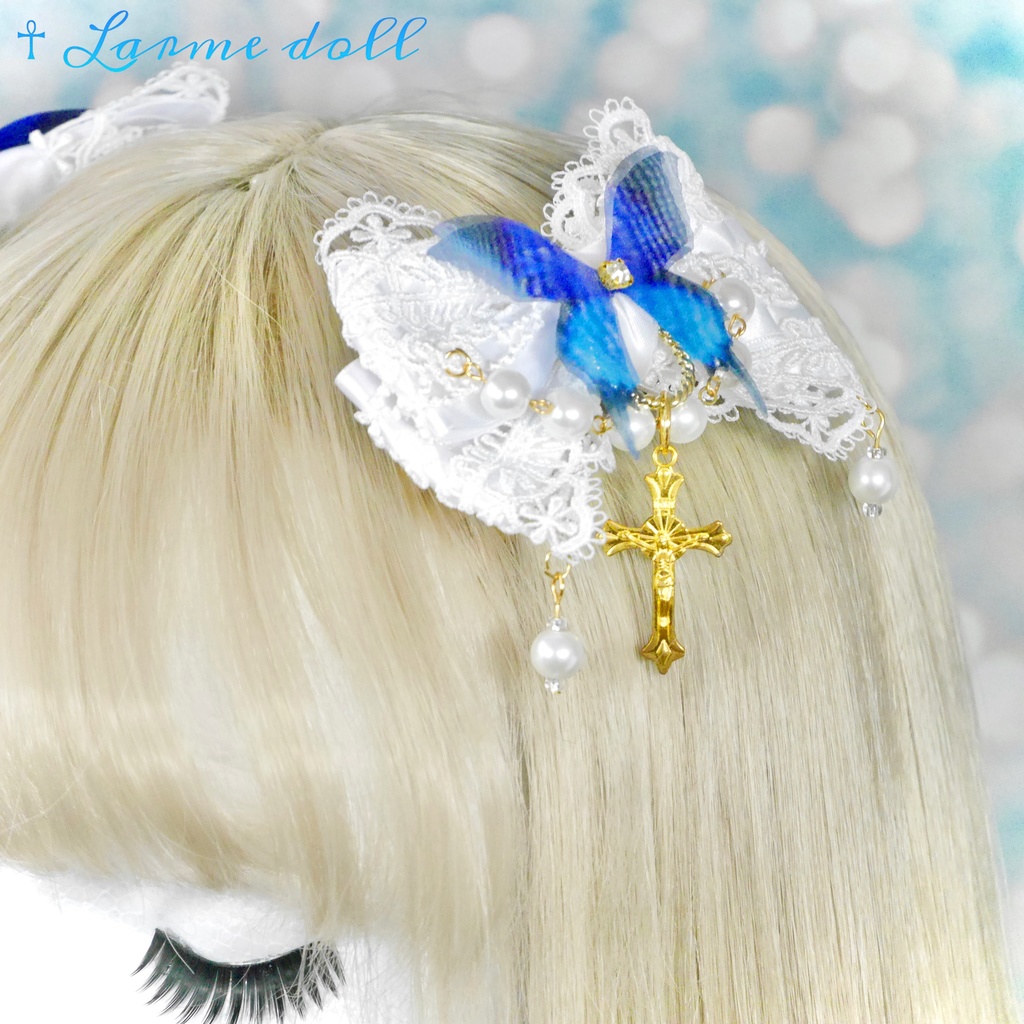 【受注生産】《☥》ロリィタリボンヘアクリップ ガラス製パールビーズタイプ (白)