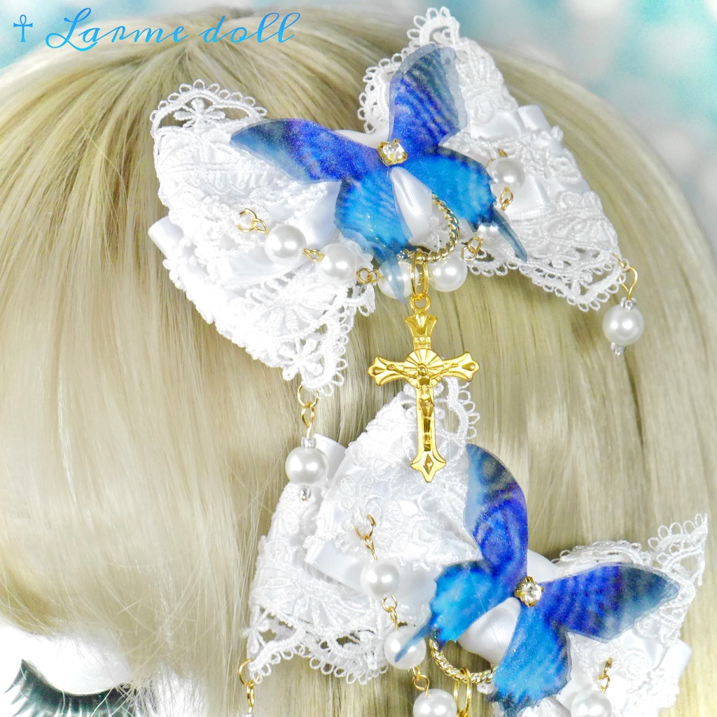 【受注生産】《☥》ロリィタリボンヘアクリップ ガラス製パールビーズタイプ (白)