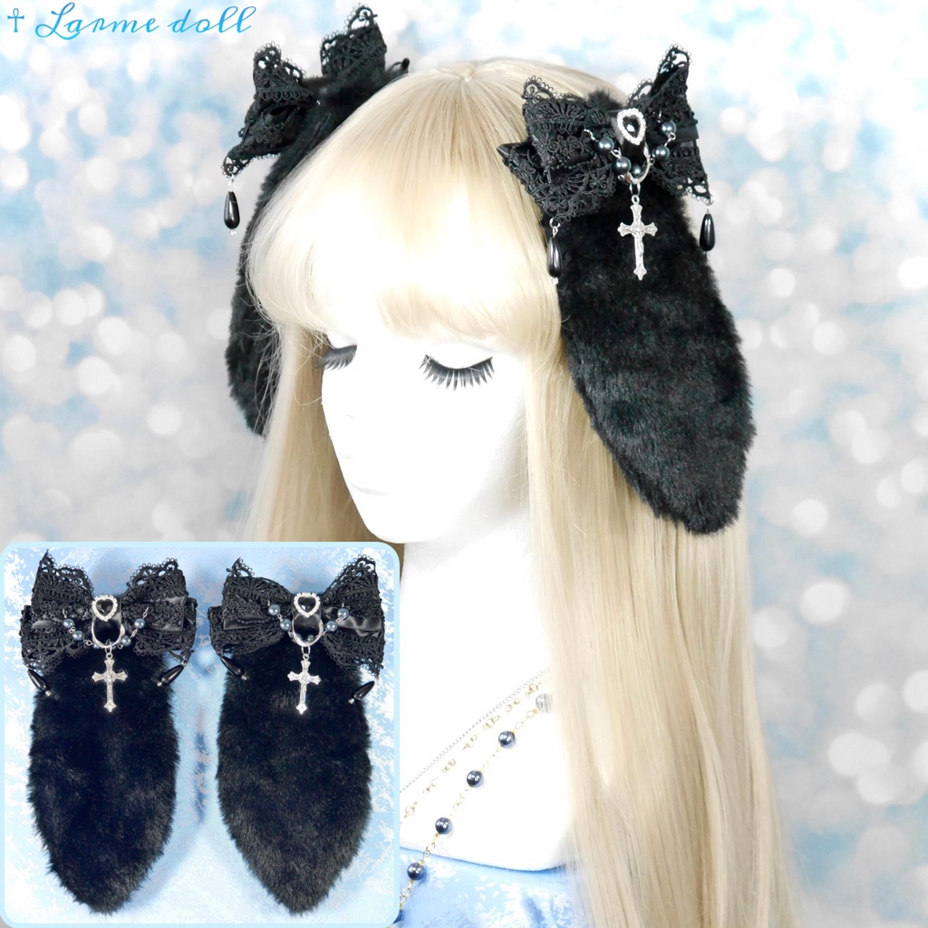 【受注生産】《☥》たれうさ耳ロリィタリボンヘアクリップ(黒)