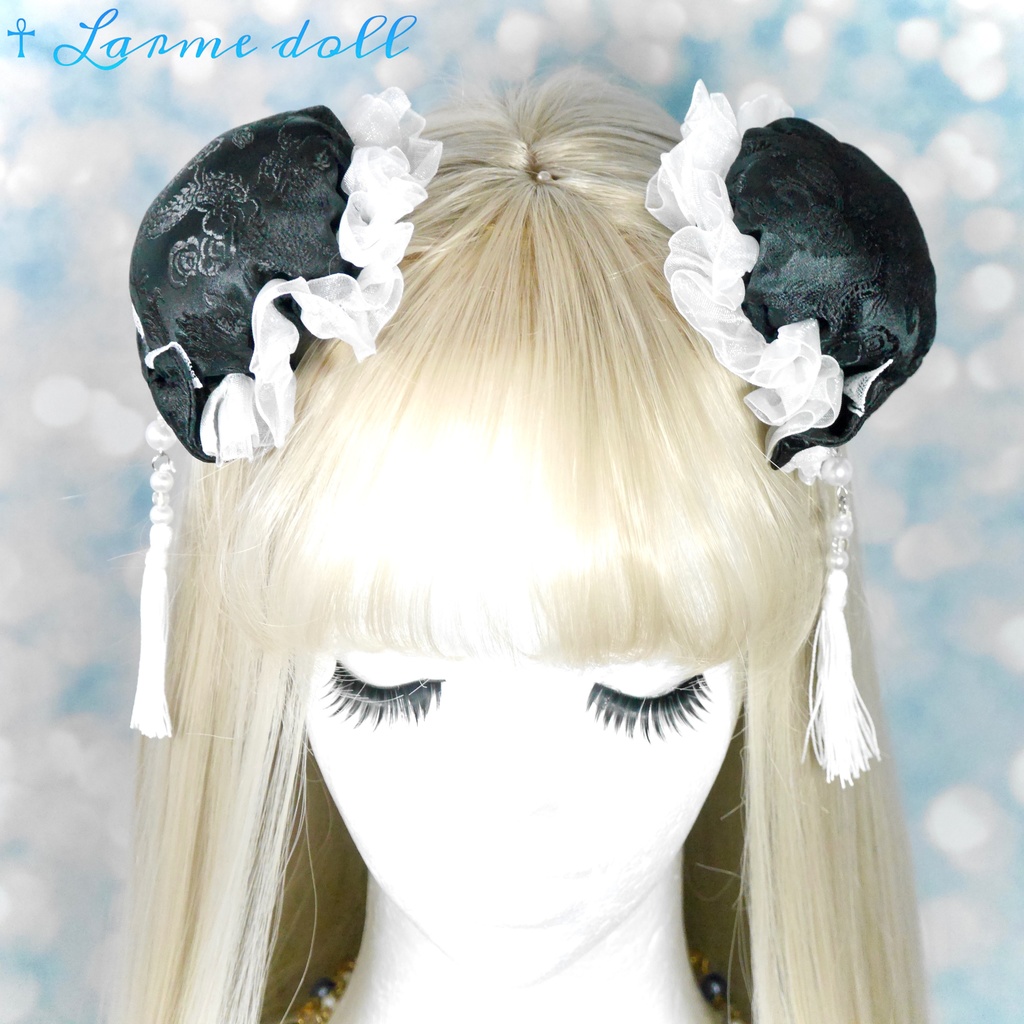 【完成品】【一点物】《☥》タッセル付き チャイナお団子カバー カラー▷黒×白