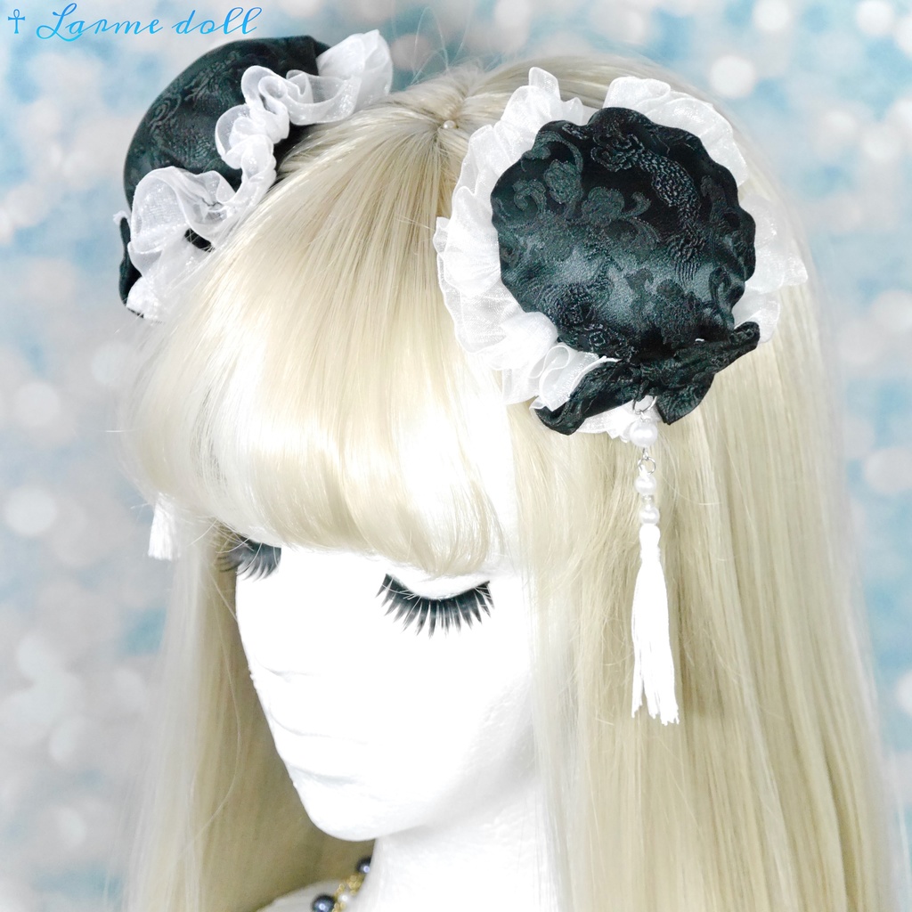 【完成品】【一点物】《☥》タッセル付き チャイナお団子カバー カラー▷黒×白