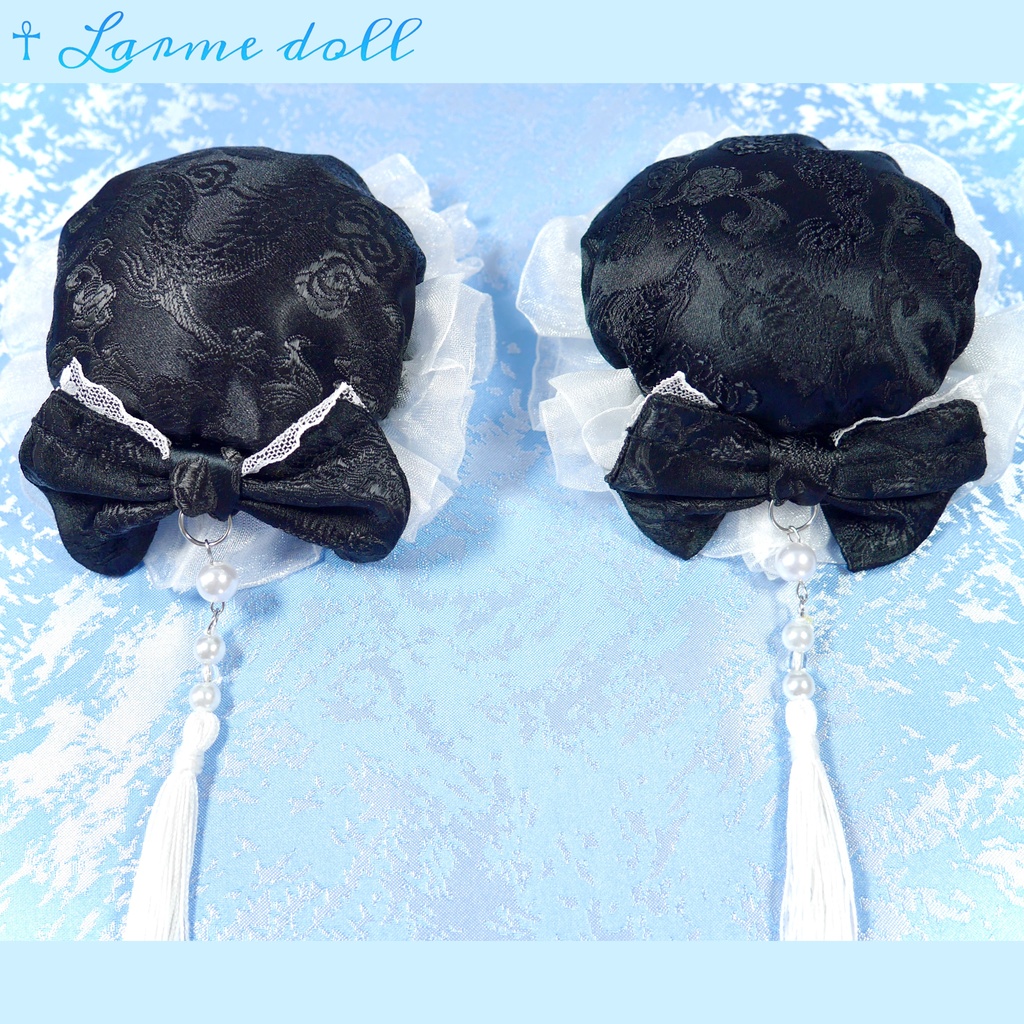 【完成品】【一点物】《☥》タッセル付き チャイナお団子カバー カラー▷黒×白