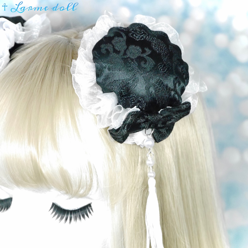 【完成品】【一点物】《☥》タッセル付き チャイナお団子カバー カラー▷黒×白