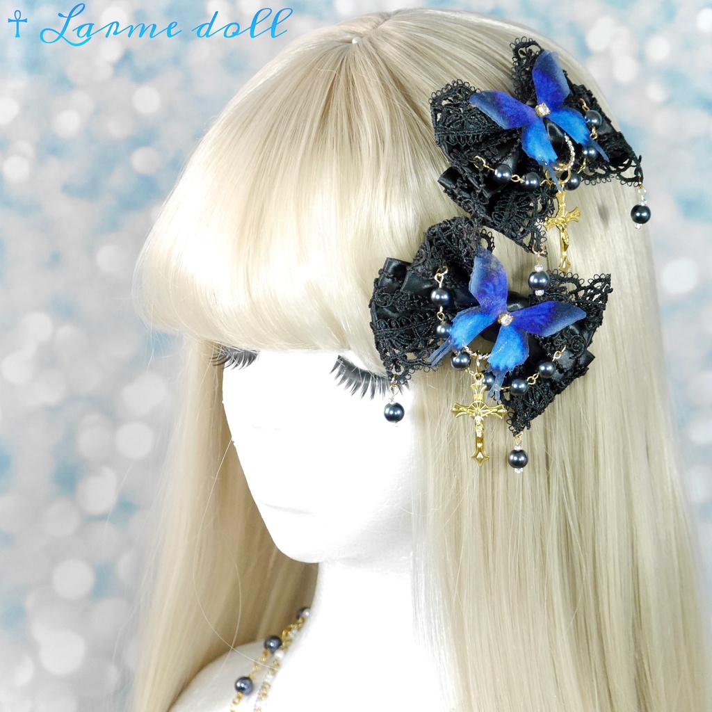【受注生産】《☥》ロリィタリボンヘアクリップ ガラス製パールビーズタイプ(黒)