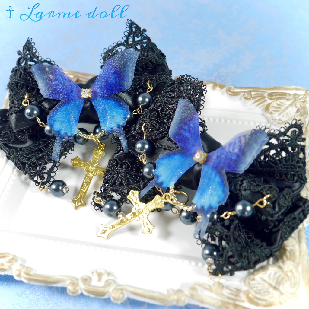 【受注生産】《☥》ロリィタリボンヘアクリップ ガラス製パールビーズタイプ(黒)