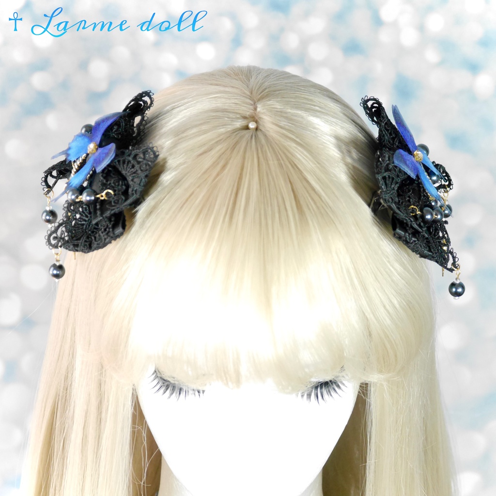 【受注生産】《☥》ロリィタリボンヘアクリップ ガラス製パールビーズタイプ(黒)