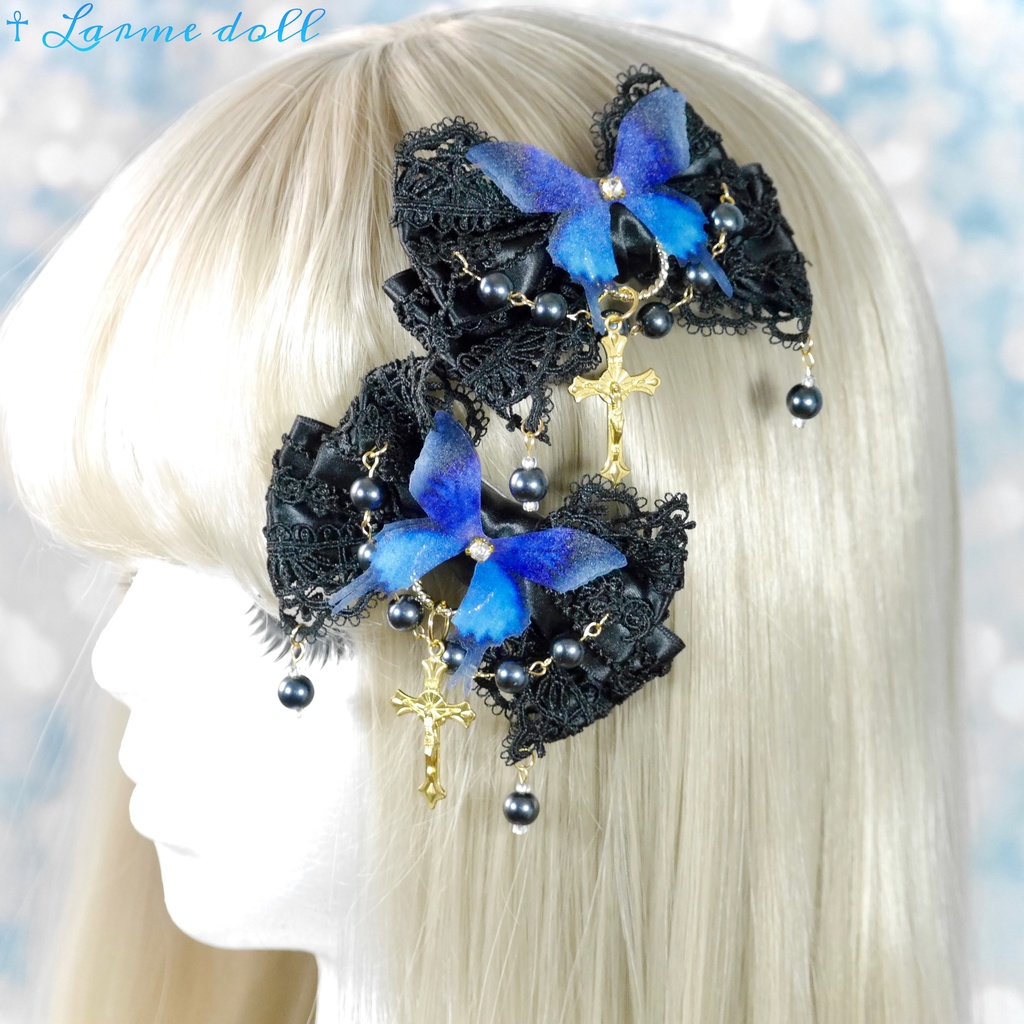 【受注生産】《☥》ロリィタリボンヘアクリップ ガラス製パールビーズタイプ(黒)