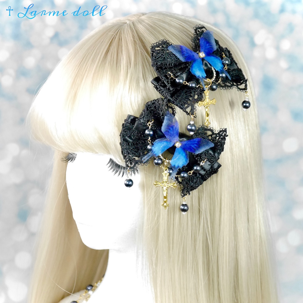 【受注生産】《☥》ロリィタリボンヘアクリップ ガラス製パールビーズタイプ(黒)