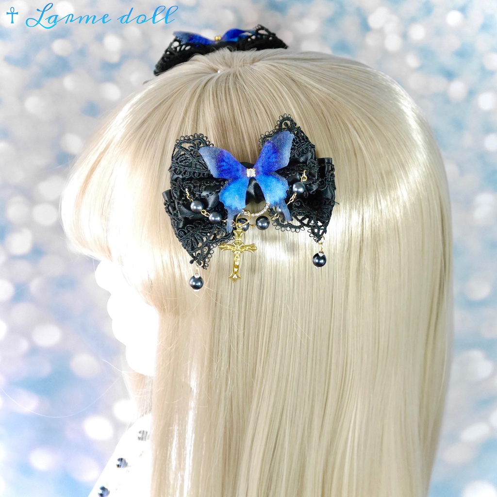【受注生産】《☥》ロリィタリボンヘアクリップ ガラス製パールビーズタイプ(黒)