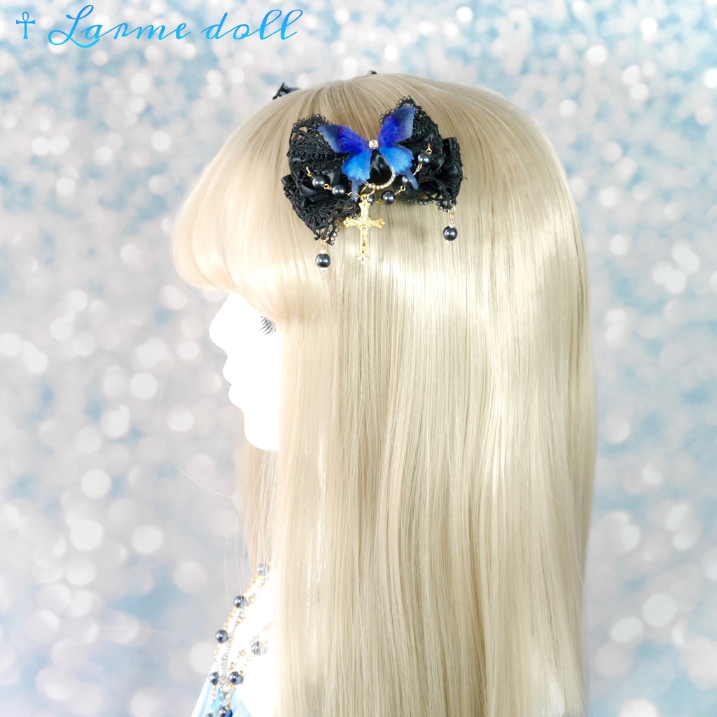 【受注生産】《☥》ロリィタリボンヘアクリップ ガラス製パールビーズタイプ(黒)