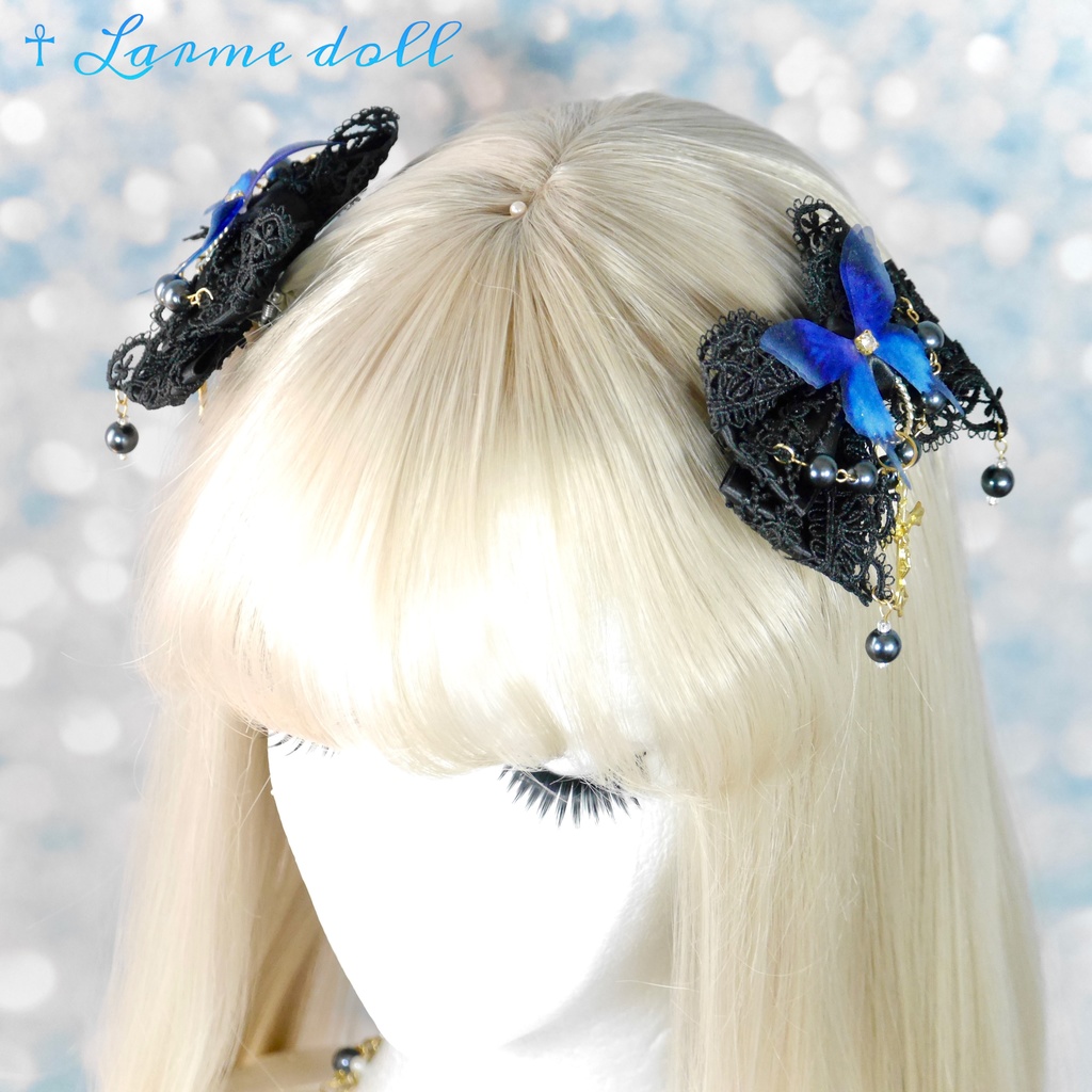 【受注生産】《☥》ロリィタリボンヘアクリップ ガラス製パールビーズタイプ(黒)