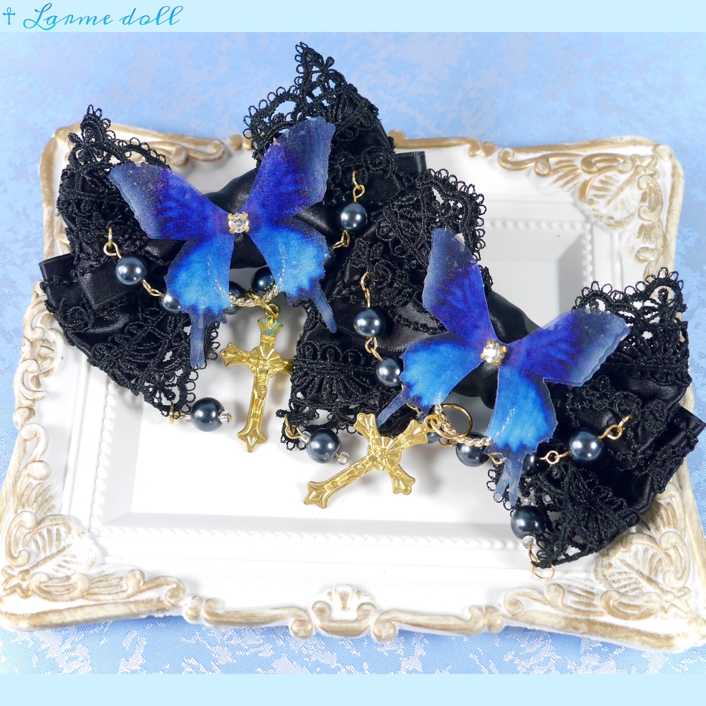 【受注生産】《☥》ロリィタリボンヘアクリップ ガラス製パールビーズタイプ(黒)