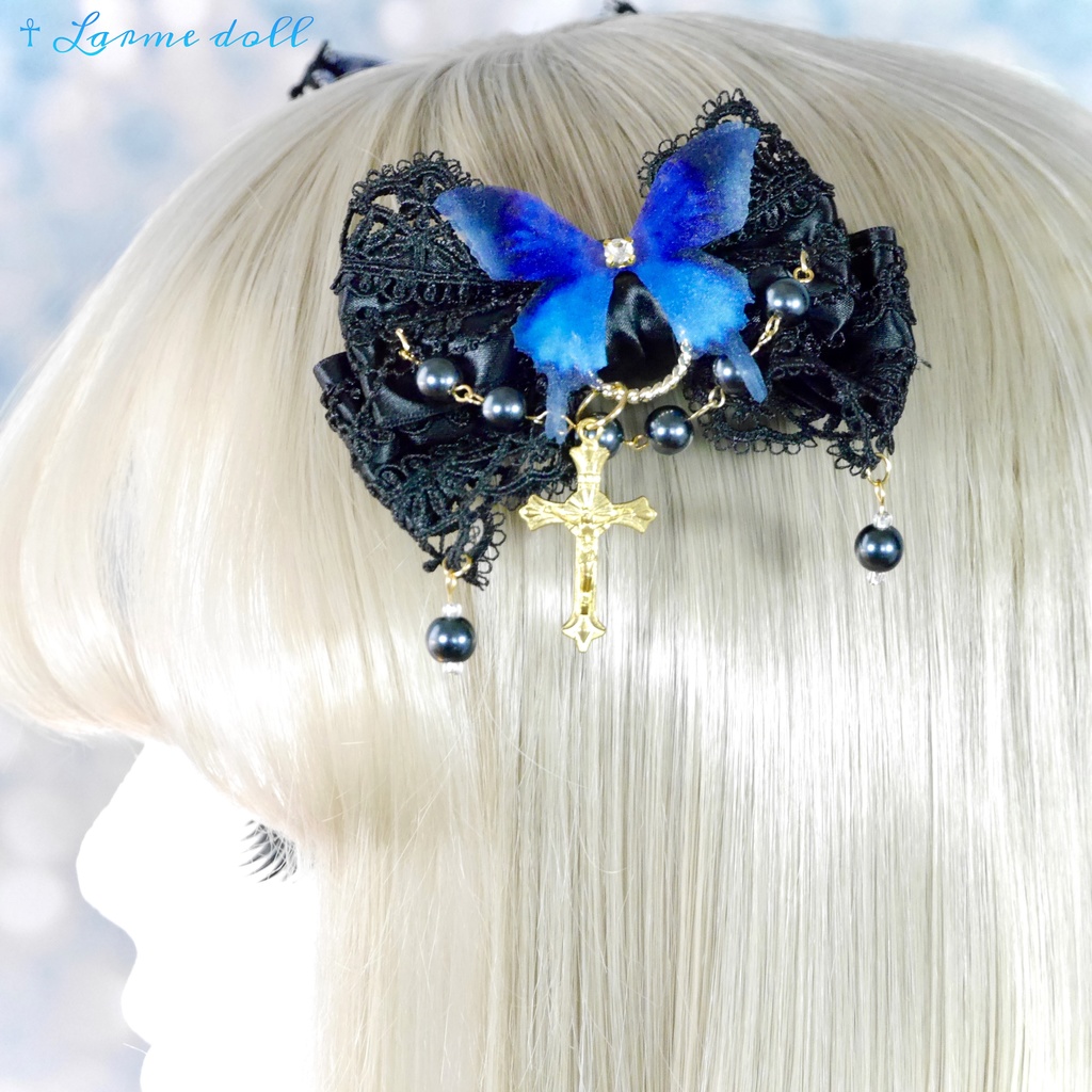 【受注生産】《☥》ロリィタリボンヘアクリップ ガラス製パールビーズタイプ(黒)