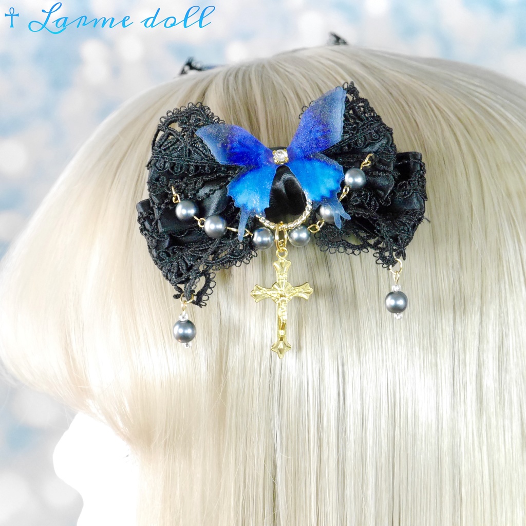 【受注生産】《☥》ロリィタリボンヘアクリップ アクリル製パールビーズタイプ(黒)