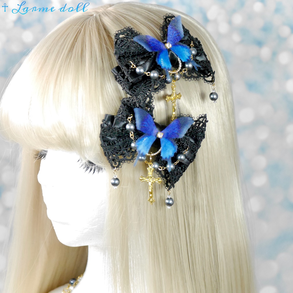 【受注生産】《☥》ロリィタリボンヘアクリップ アクリル製パールビーズタイプ(黒)