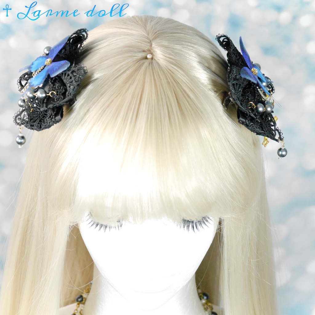 【受注生産】《☥》ロリィタリボンヘアクリップ アクリル製パールビーズタイプ(黒)