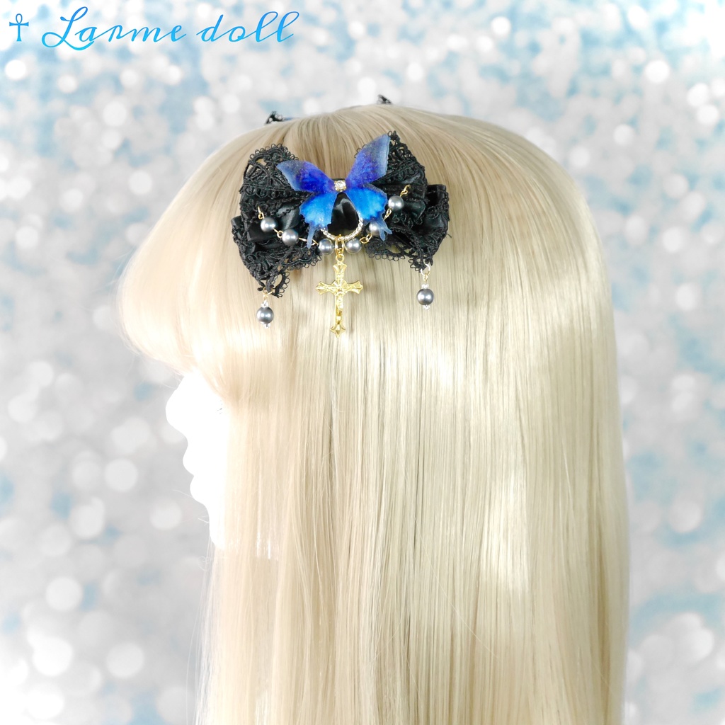 【受注生産】《☥》ロリィタリボンヘアクリップ アクリル製パールビーズタイプ(黒)