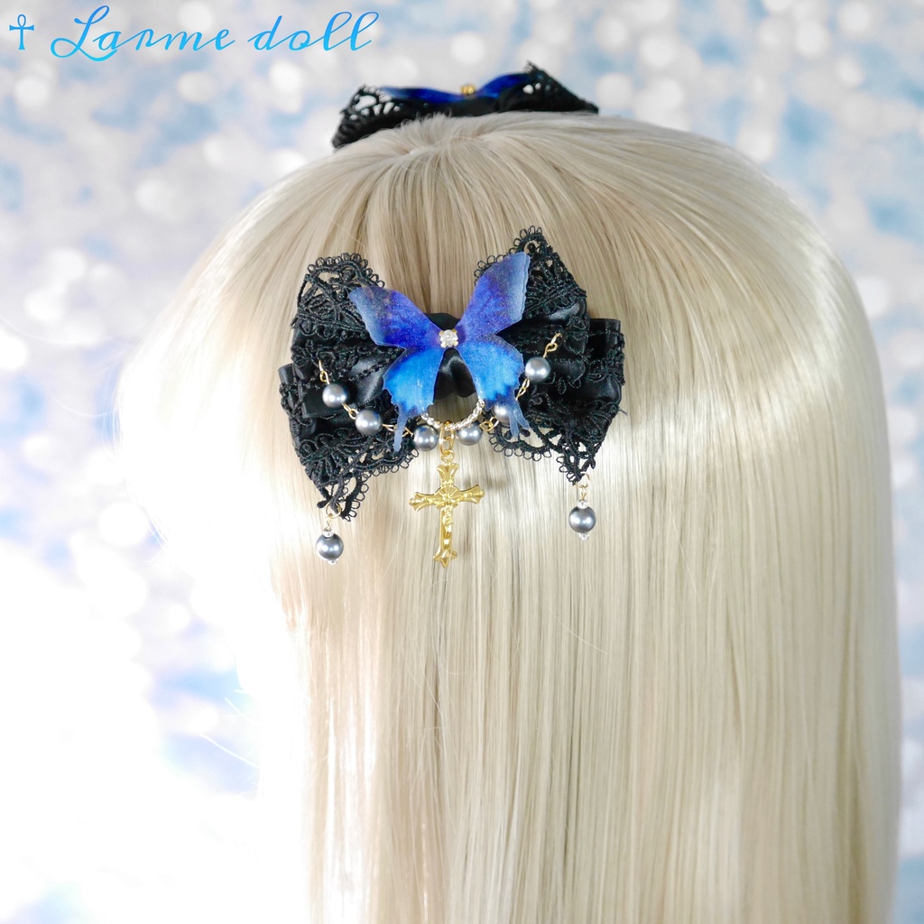 【受注生産】《☥》ロリィタリボンヘアクリップ アクリル製パールビーズタイプ(黒)