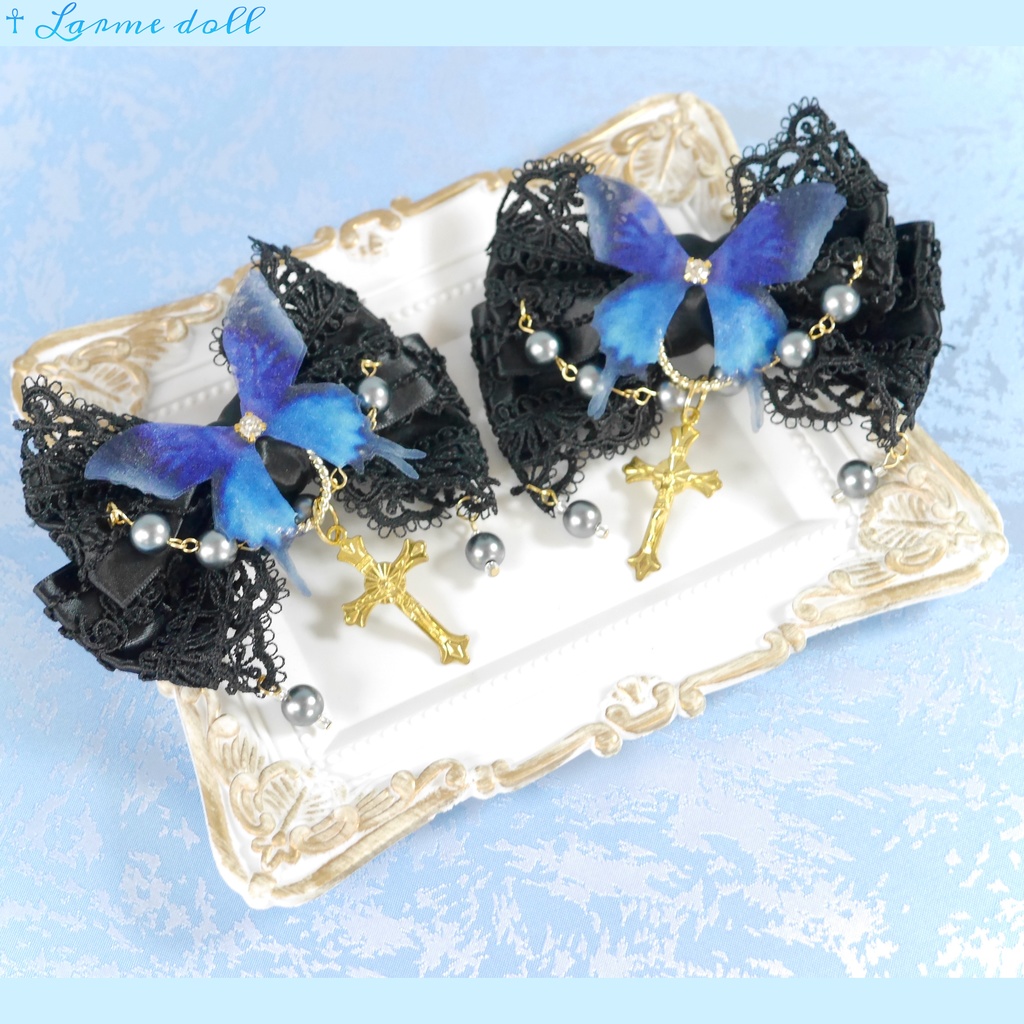 【受注生産】《☥》ロリィタリボンヘアクリップ アクリル製パールビーズタイプ(黒)