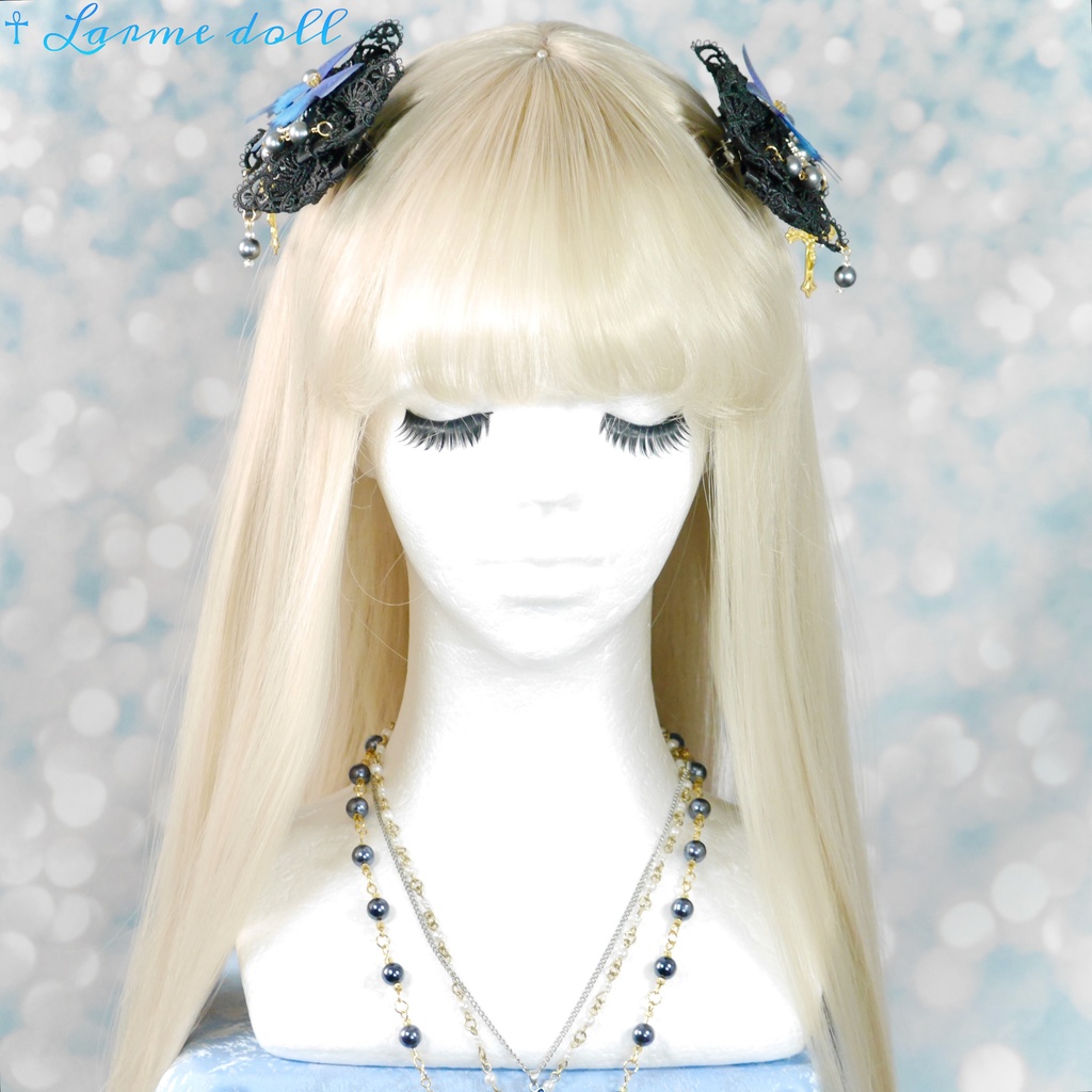【受注生産】《☥》ロリィタリボンヘアクリップ アクリル製パールビーズタイプ(黒)