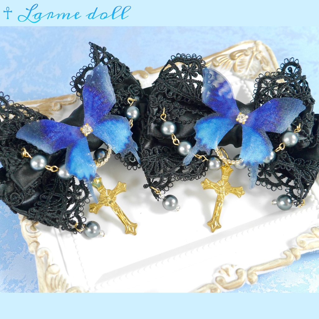 【受注生産】《☥》ロリィタリボンヘアクリップ アクリル製パールビーズタイプ(黒)