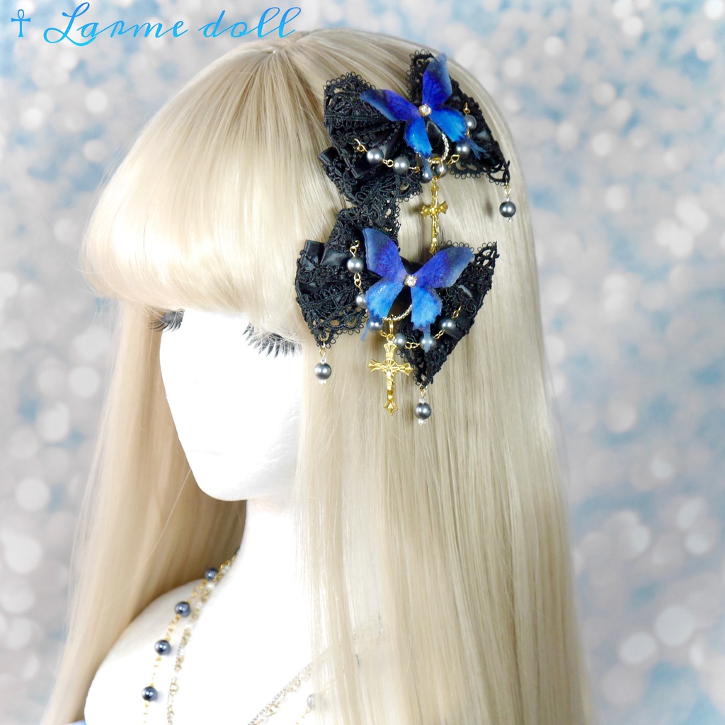 【受注生産】《☥》ロリィタリボンヘアクリップ アクリル製パールビーズタイプ(黒)