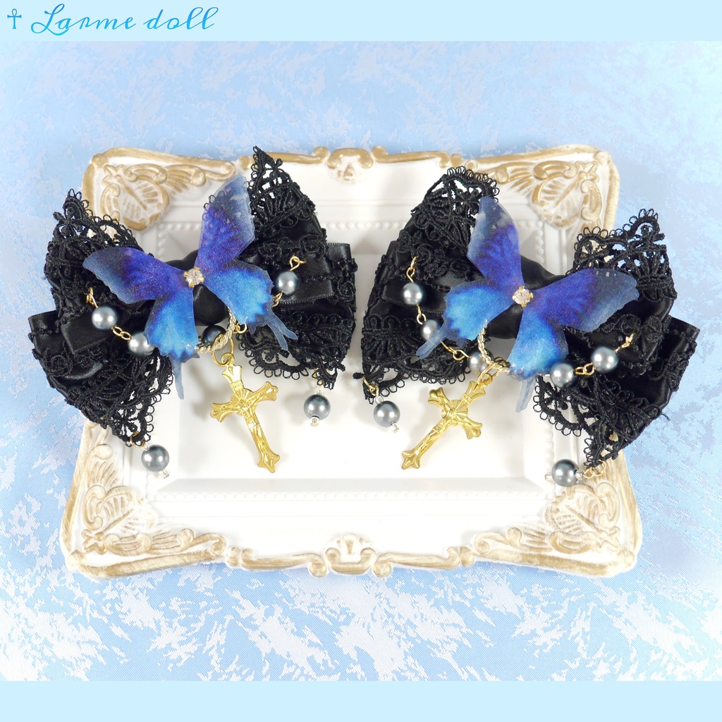 【受注生産】《☥》ロリィタリボンヘアクリップ アクリル製パールビーズタイプ(黒)