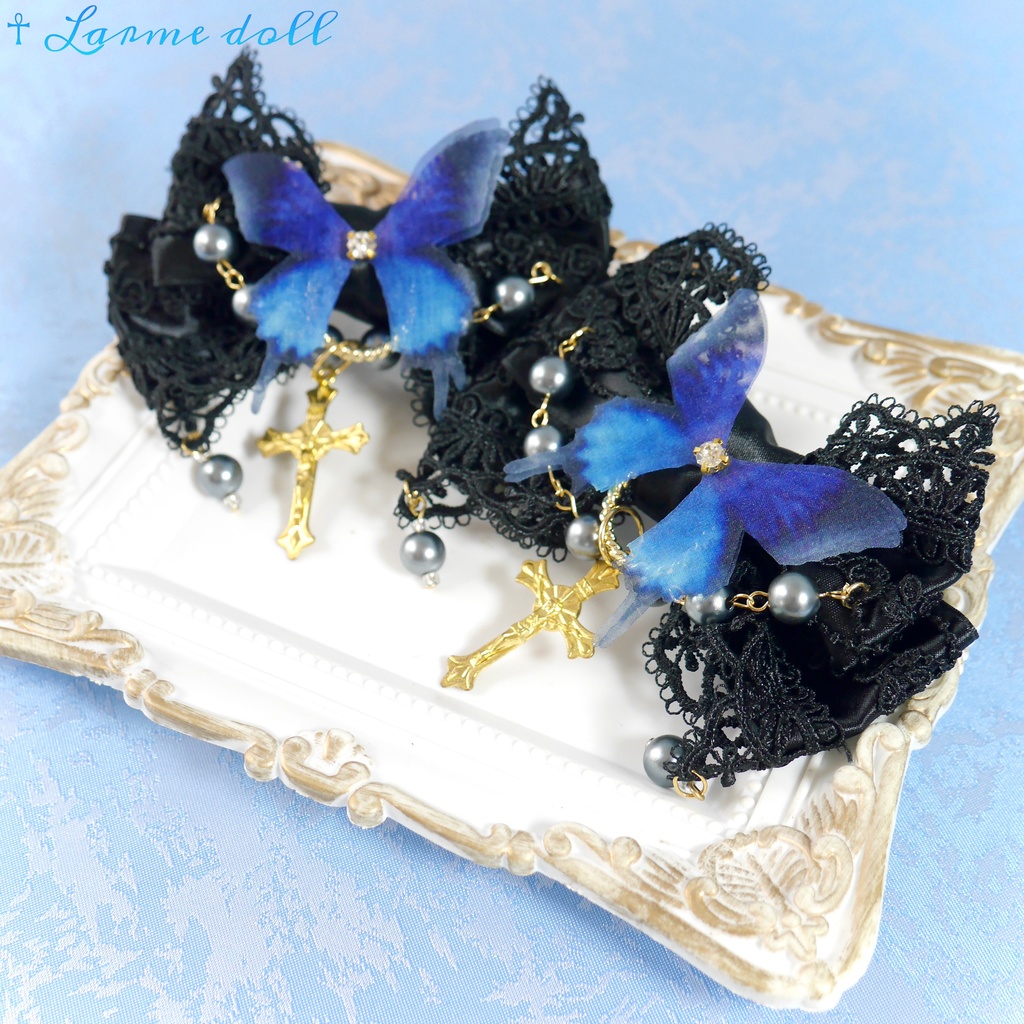 【受注生産】《☥》ロリィタリボンヘアクリップ アクリル製パールビーズタイプ(黒)