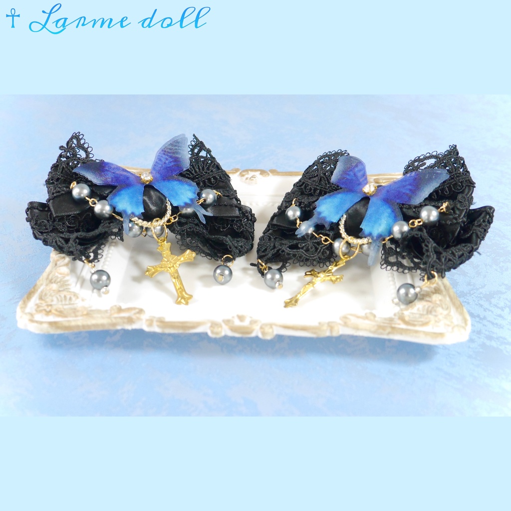 【受注生産】《☥》ロリィタリボンヘアクリップ アクリル製パールビーズタイプ(黒)