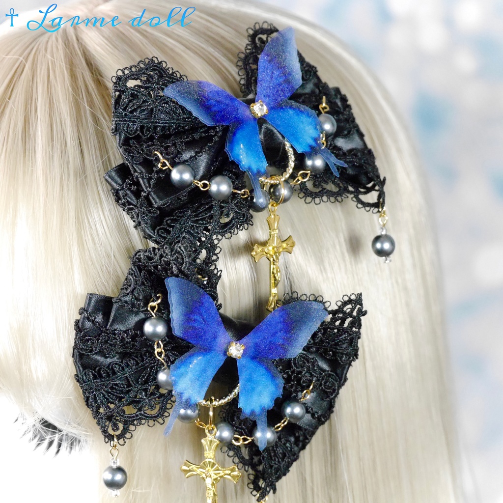 【受注生産】《☥》ロリィタリボンヘアクリップ アクリル製パールビーズタイプ(黒)