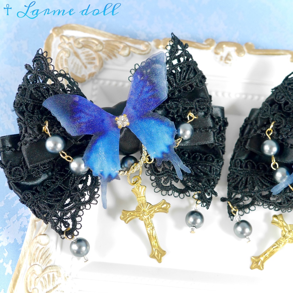 【受注生産】《☥》ロリィタリボンヘアクリップ アクリル製パールビーズタイプ(黒)