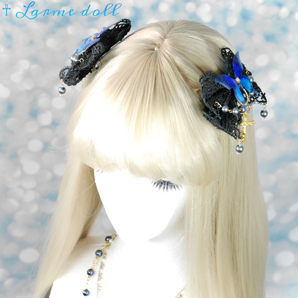 【受注生産】《☥》ロリィタリボンヘアクリップ アクリル製パールビーズタイプ(黒)
