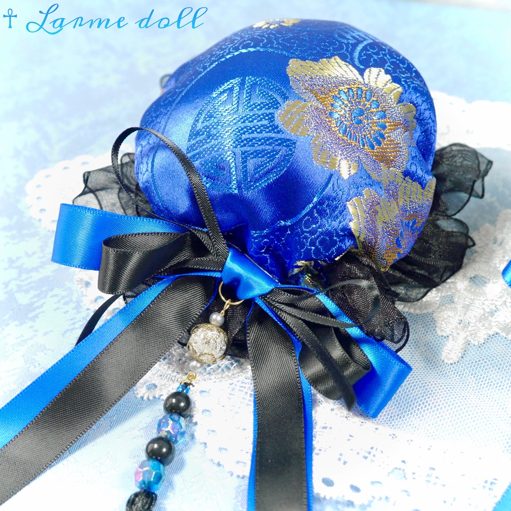 【完成品】【一点物】《☥》タッセル付きダブルリボンお団子カバー (カラー▷青×黒)