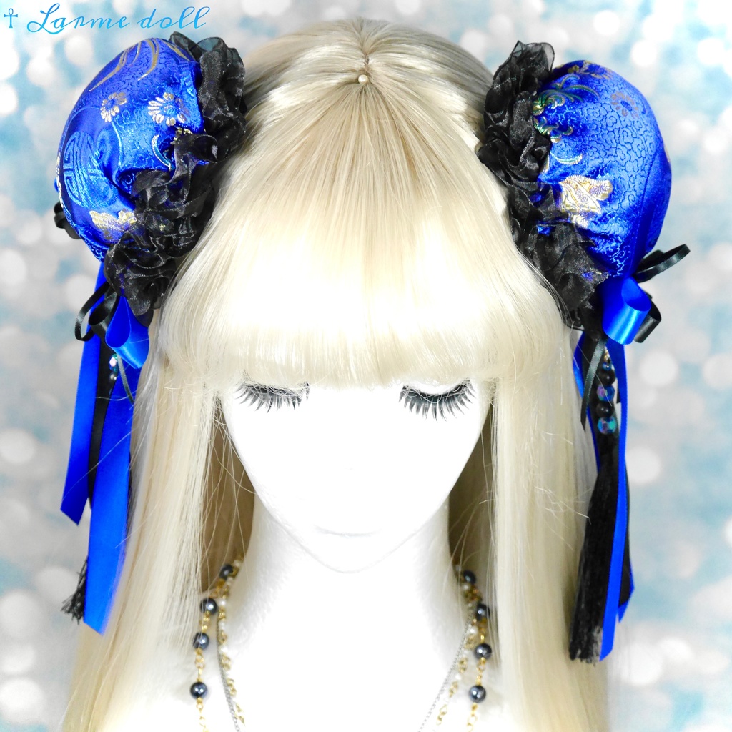 【完成品】【一点物】《☥》タッセル付きダブルリボンお団子カバー (カラー▷青×黒)