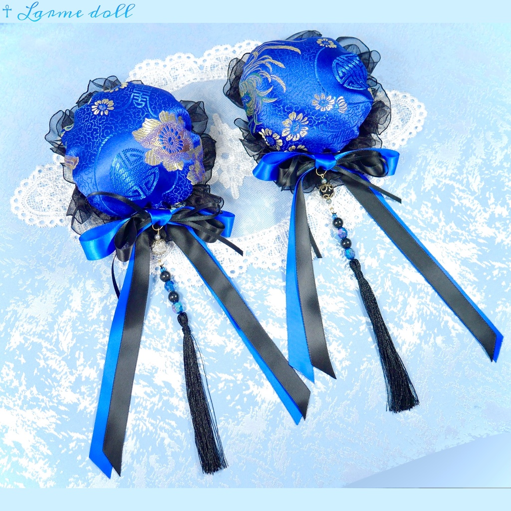 【完成品】【一点物】《☥》タッセル付きダブルリボンお団子カバー (カラー▷青×黒)