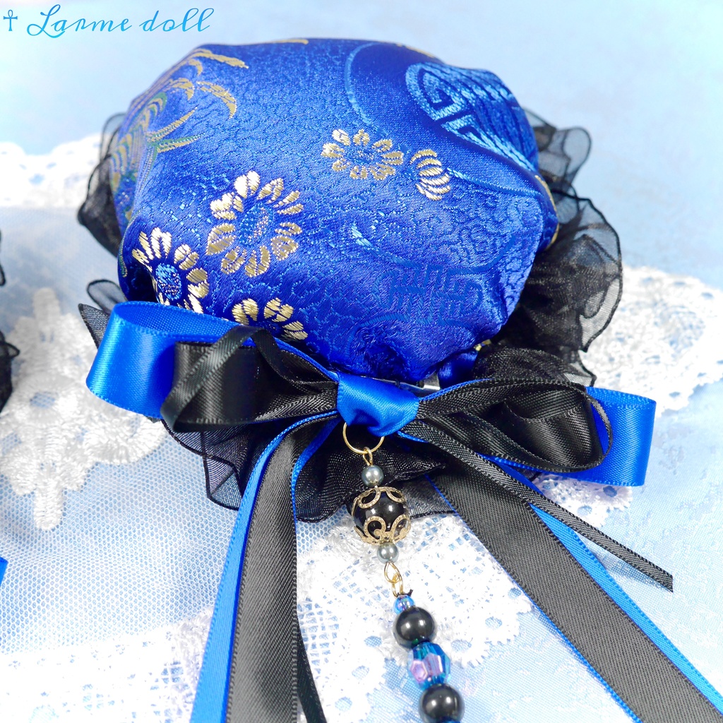 【完成品】【一点物】《☥》タッセル付きダブルリボンお団子カバー (カラー▷青×黒)