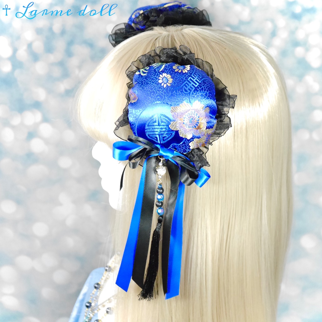 【完成品】【一点物】《☥》タッセル付きダブルリボンお団子カバー (カラー▷青×黒)