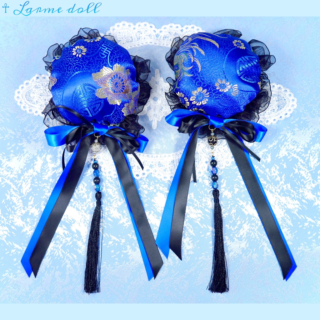 【完成品】【一点物】《☥》タッセル付きダブルリボンお団子カバー (カラー▷青×黒)