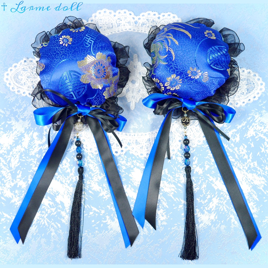 【完成品】【一点物】《☥》タッセル付きダブルリボンお団子カバー (カラー▷青×黒)