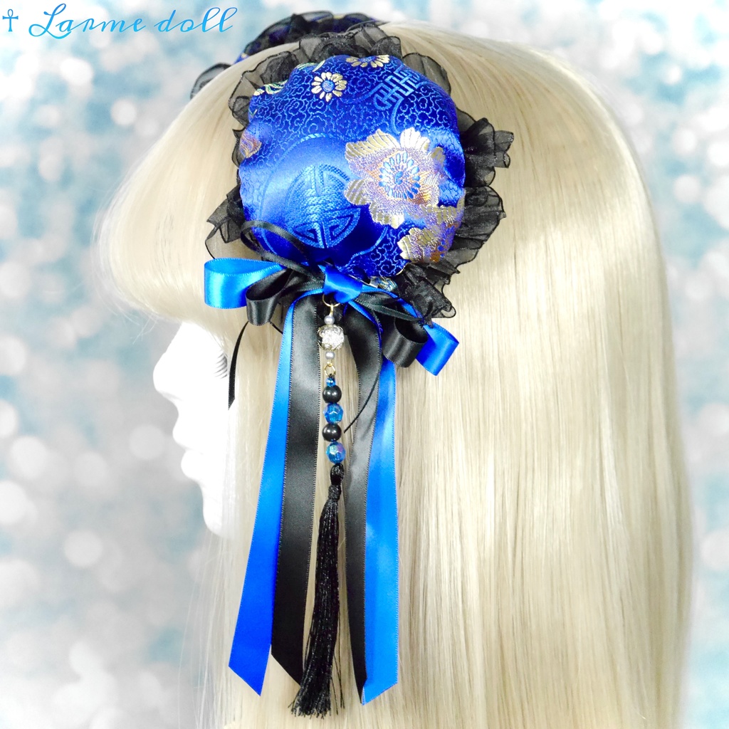 【完成品】【一点物】《☥》タッセル付きダブルリボンお団子カバー (カラー▷青×黒)