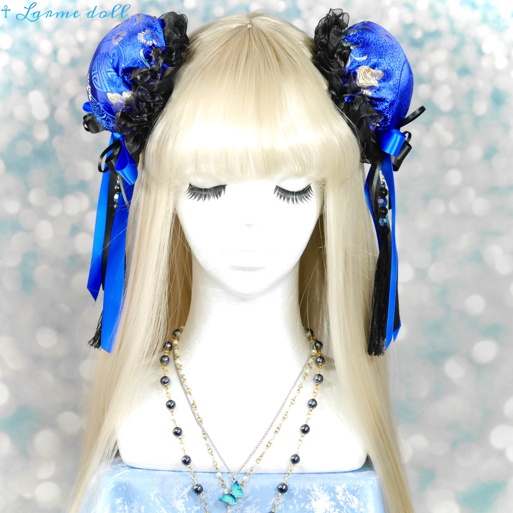 【完成品】【一点物】《☥》タッセル付きダブルリボンお団子カバー (カラー▷青×黒)