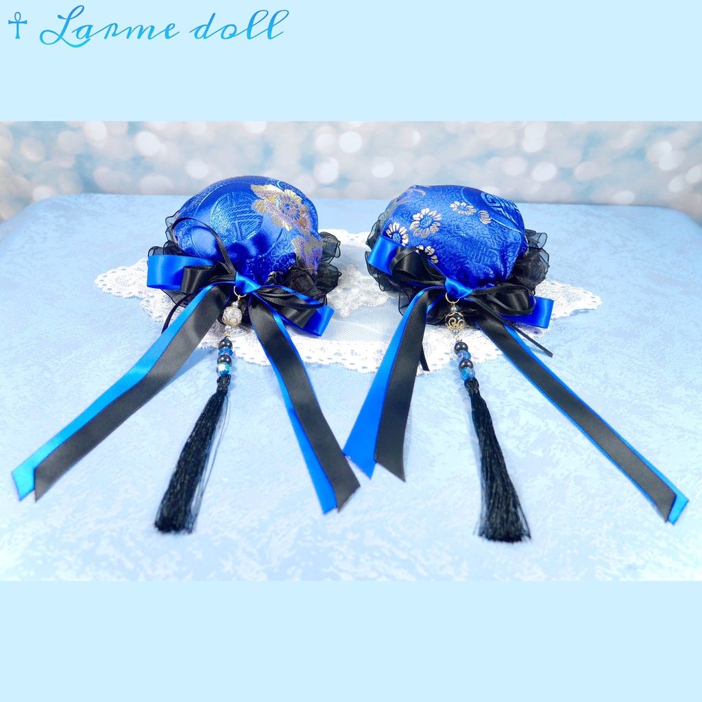 【完成品】【一点物】《☥》タッセル付きダブルリボンお団子カバー (カラー▷青×黒)