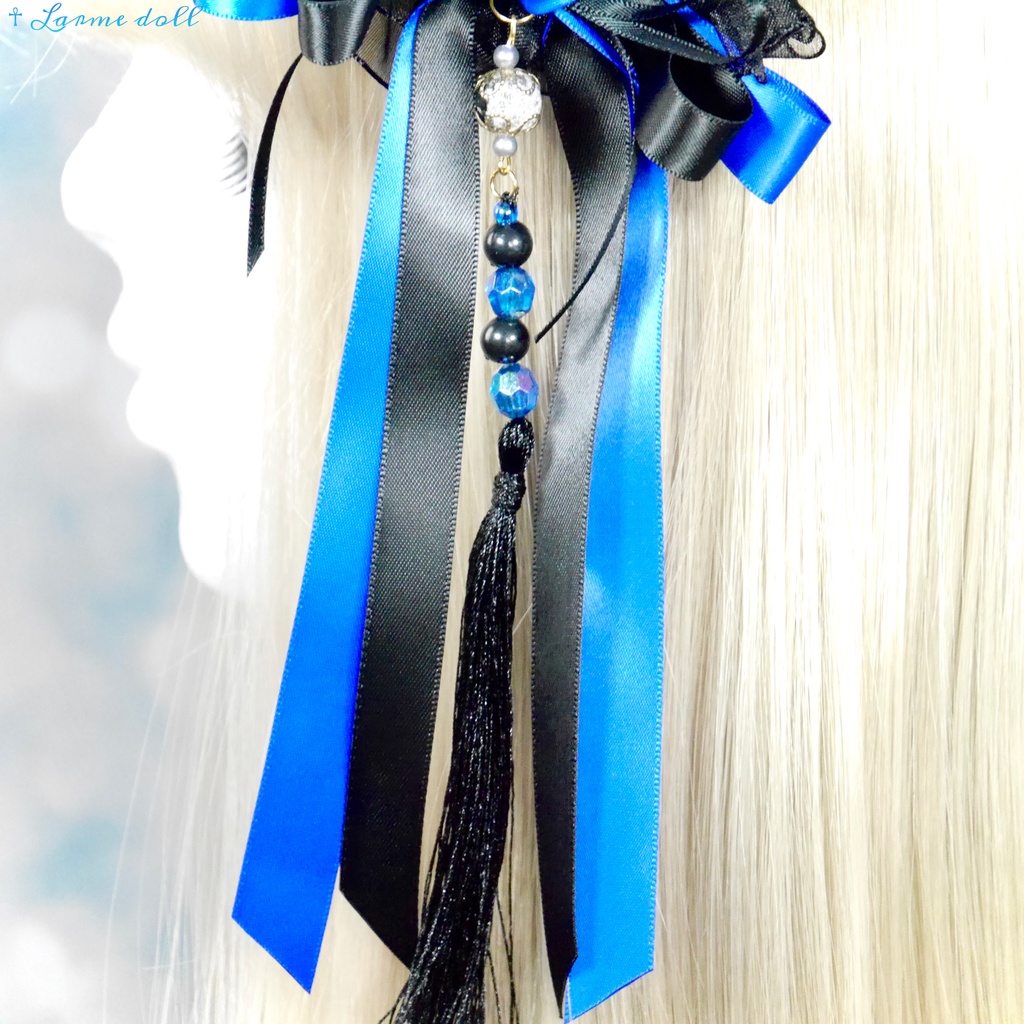 【完成品】【一点物】《☥》タッセル付きダブルリボンお団子カバー (カラー▷青×黒)