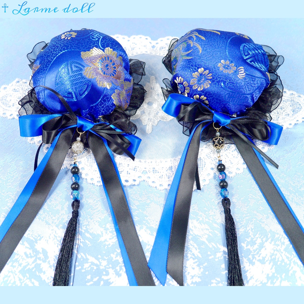 【完成品】【一点物】《☥》タッセル付きダブルリボンお団子カバー (カラー▷青×黒)